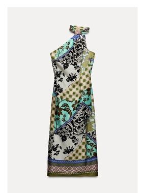 Zara One-Shoulder Maxi Dress in Aqua, Black and Cream
